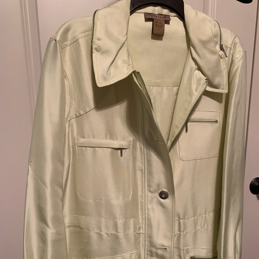 Peck & Peck Silk hooded greenish/yellow jacket w drawstring waist, L, like new!!